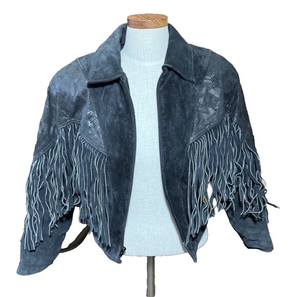 Vintage Chia Leather Jacket Womens Small Black Fringe Western Cowgirl Nashville - Picture 10 of 11